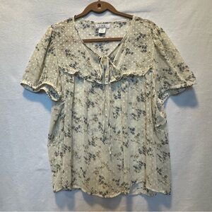 L.I.F.E. Blouse Top 2X Boho Cottagecore Floral Sheer Multicolor Ruffled Chest